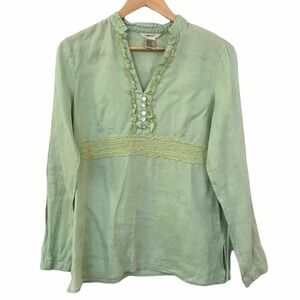 Edward Womens Sage Green 100% Linen Ruffle V-Neck Empire Waist Blouse Top Size M